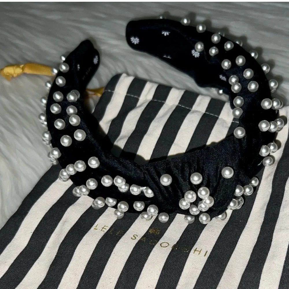 Lele Sadoughi Black Velvet and Pearls Headband